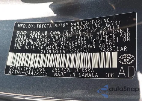 2015 Toyota Corolla S Plus from USA, damaged, VIN 2T1BURHE6FC326370